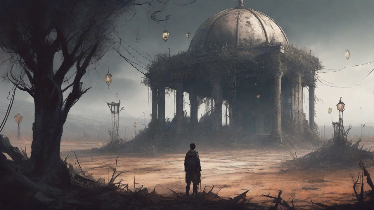 A barren, post-apocalyptic landscape with skeletal ruins, overgrown gardens, and a lone figure standing amidst the desolation, surrounded by flickering lanterns and a distant hint of a broken clock tower.