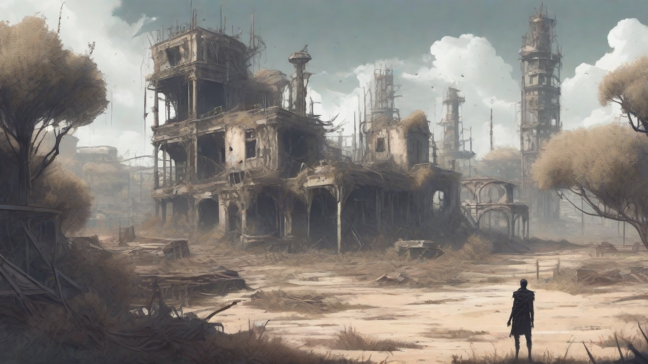A barren, post-apocalyptic landscape with skeletal ruins, overgrown gardens, and a lone figure standing amidst the desolation, surrounded by flickering lanterns and a distant hint of a broken clock tower.