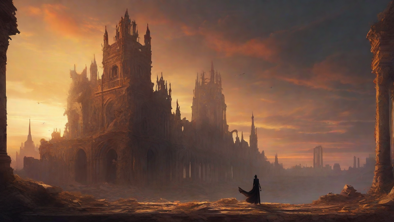 A hauntingly beautiful, ruined cityscape, with crumbling spires and grand architecture, set against a backdrop of a perpetual, golden sunset, with a lone figure dancing amidst the ruins.