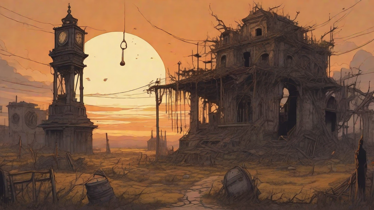 Barren wasteland, skeletal ruins, overgrown gardens, lone figure, flickering lanterns, and a broken clock tower in the distance, set against a perpetual golden sunset.