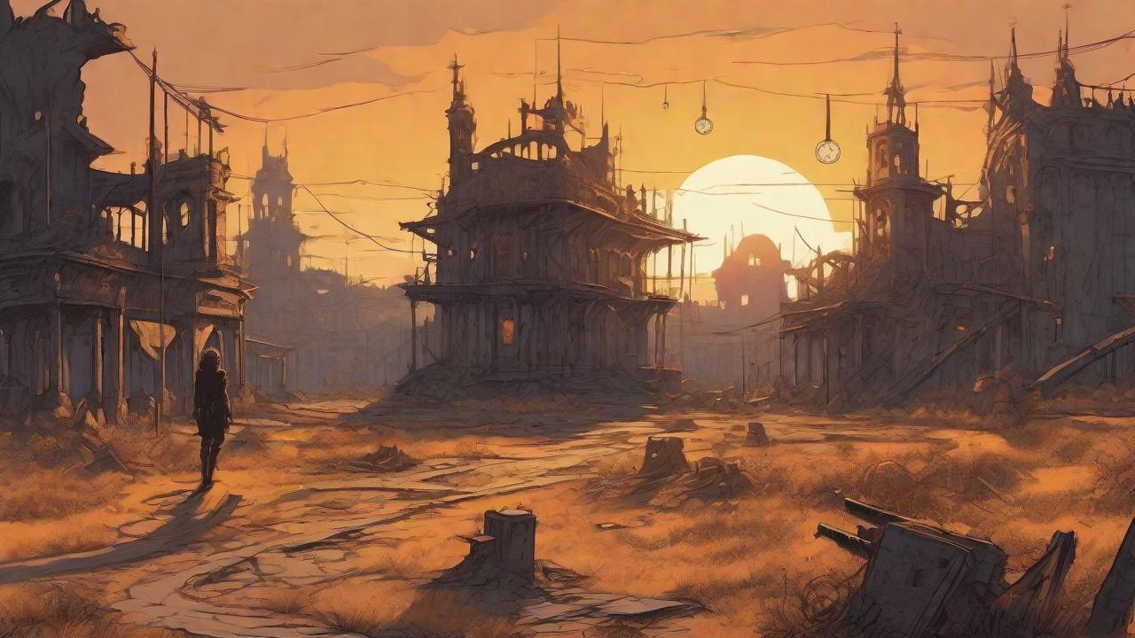 Barren wasteland, skeletal ruins, overgrown gardens, lone figure, flickering lanterns, and a broken clock tower in the distance, set against a perpetual golden sunset.