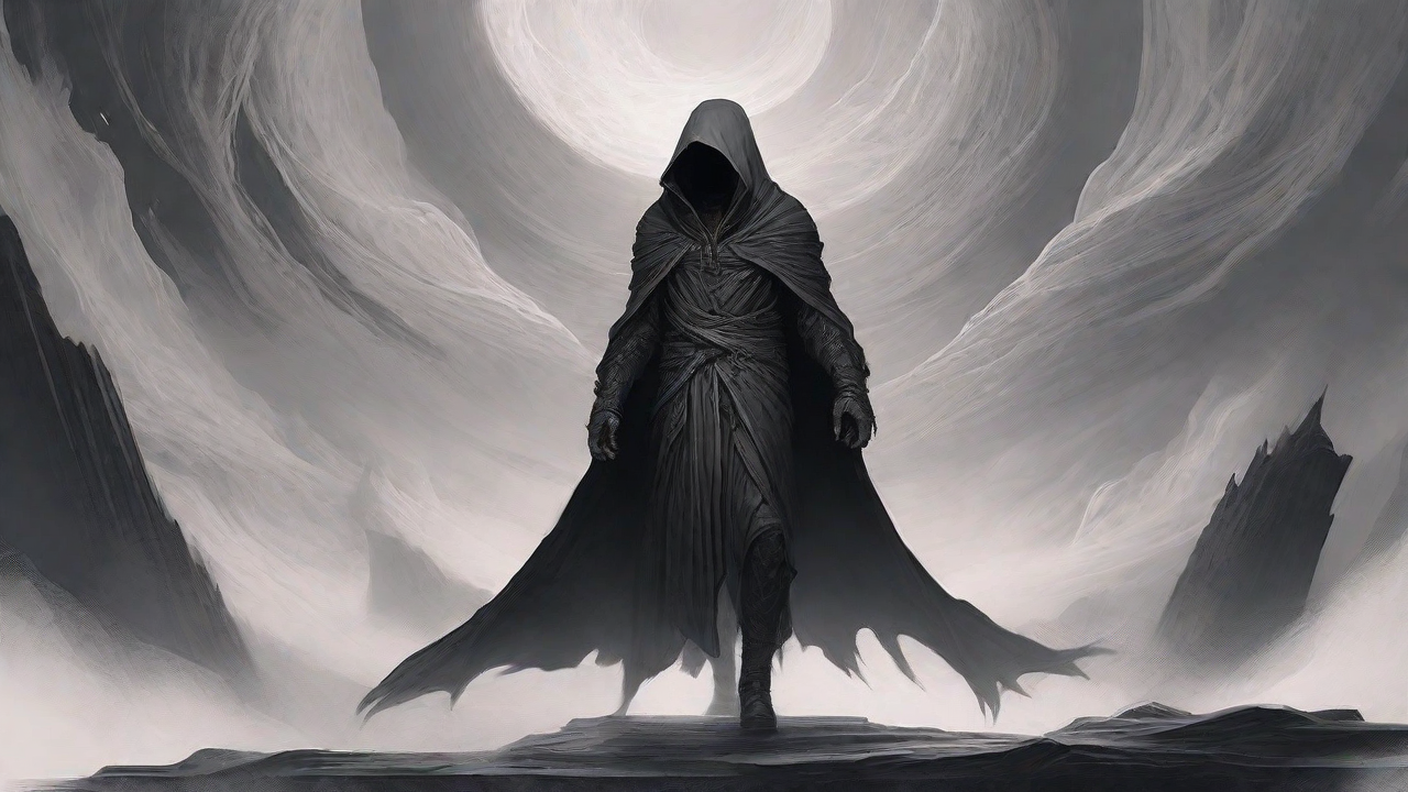 Guided by the void's dark whispers, a lone traveler ventures into the abyss, navigating through a realm of eternal darkness, guided by an unknown force that seeks rebirth and liberation from the void's grasp.