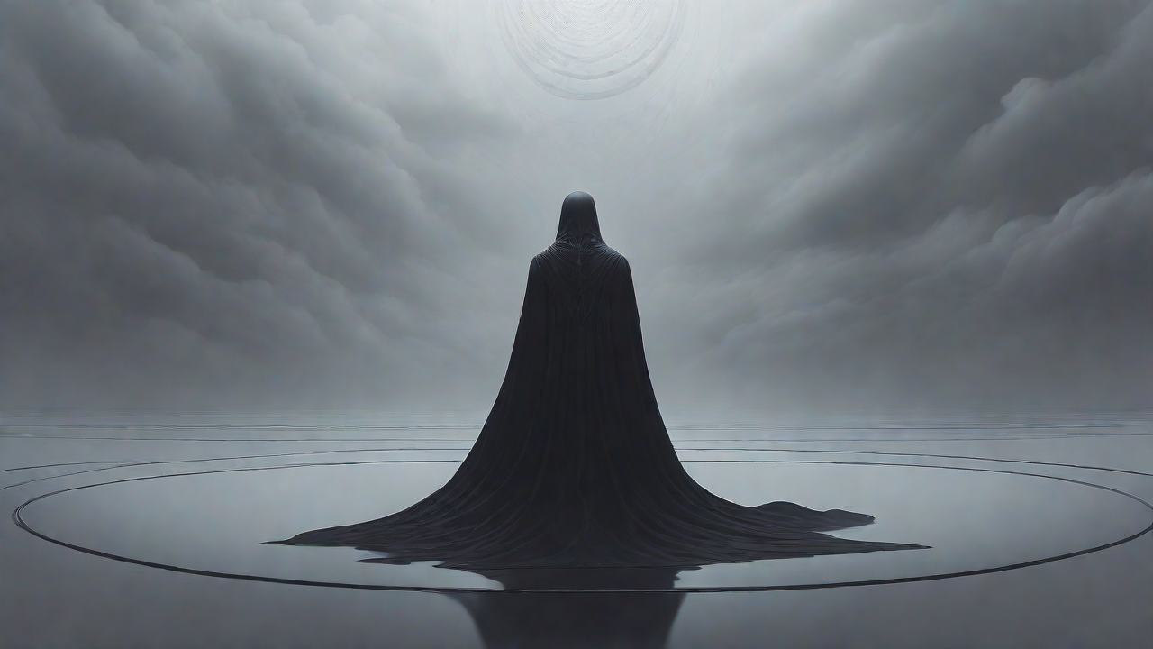 As the void's abyssal silence envelops them, a figure stands at the edge, their footsteps echoing through the void, guided by an unseen power that pushes them towards an otherworldly realm, where eternal rebirth awaits.