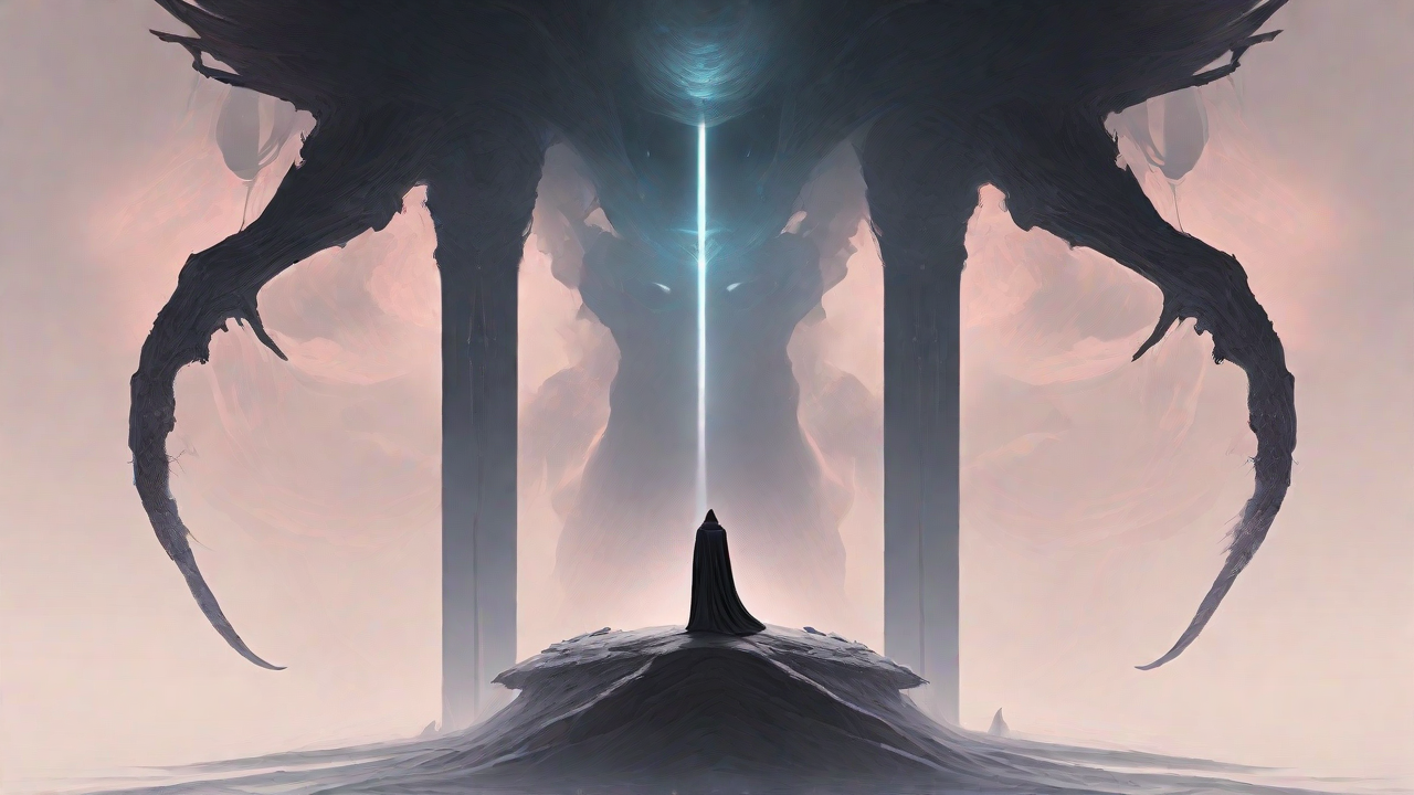 As the void's abyssal silence envelops them, a figure stands at the edge, their footsteps echoing through the void, guided by an unseen power that pushes them towards an otherworldly realm, where eternal rebirth awaits.