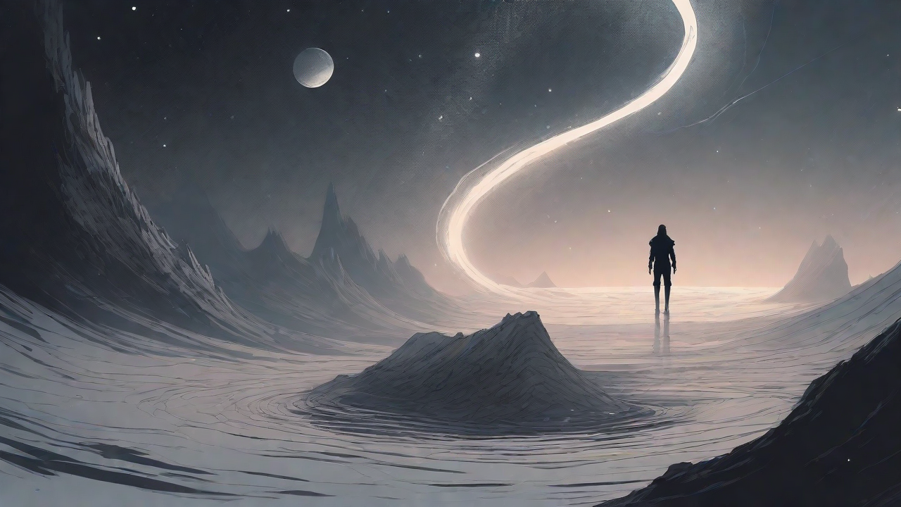 In a swirling void, a lone figure stands on the abyssal precipice, illuminated by the dying star, as they embark on a perilous journey through eternal darkness towards an unknown and mysterious destination.