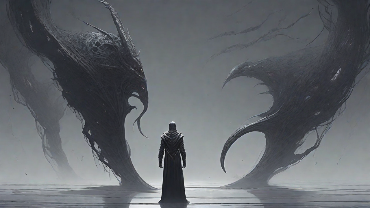 As the void's abyssal silence envelops them, a figure stands at the edge, their footsteps echoing through the void, guided by an unseen power that pushes them towards an otherworldly realm, where eternal rebirth awaits.