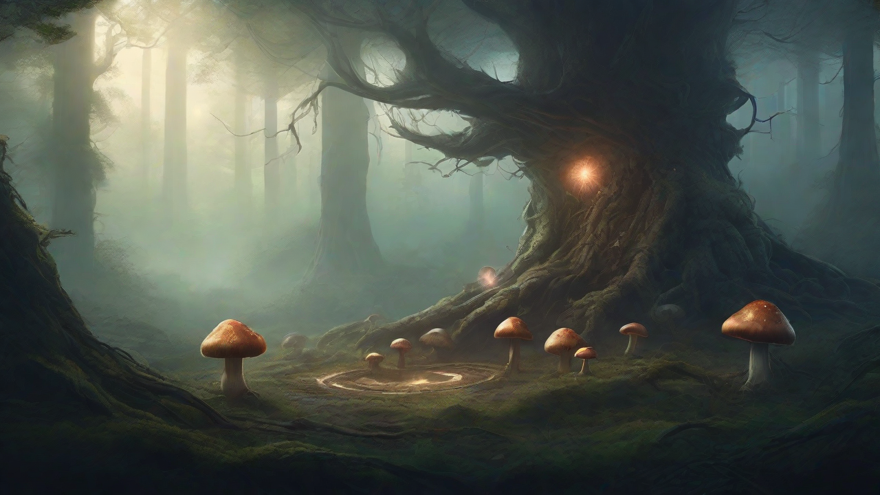 A bleak, mystical forest, where ancient trees loom over a clearing, surrounded by a ring of mushrooms, and a faint glow emanates from a lone, glowing artifact, pulsing with an otherworldly energy.