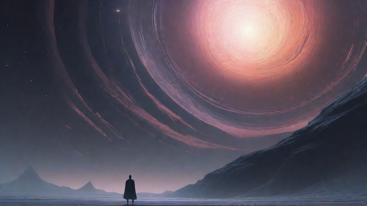 In the depths of a swirling void, a lone figure stands at the precipice, illuminated only by the faint glow of a dying star, as they embark on a perilous journey through the abyss towards an unknown destination.