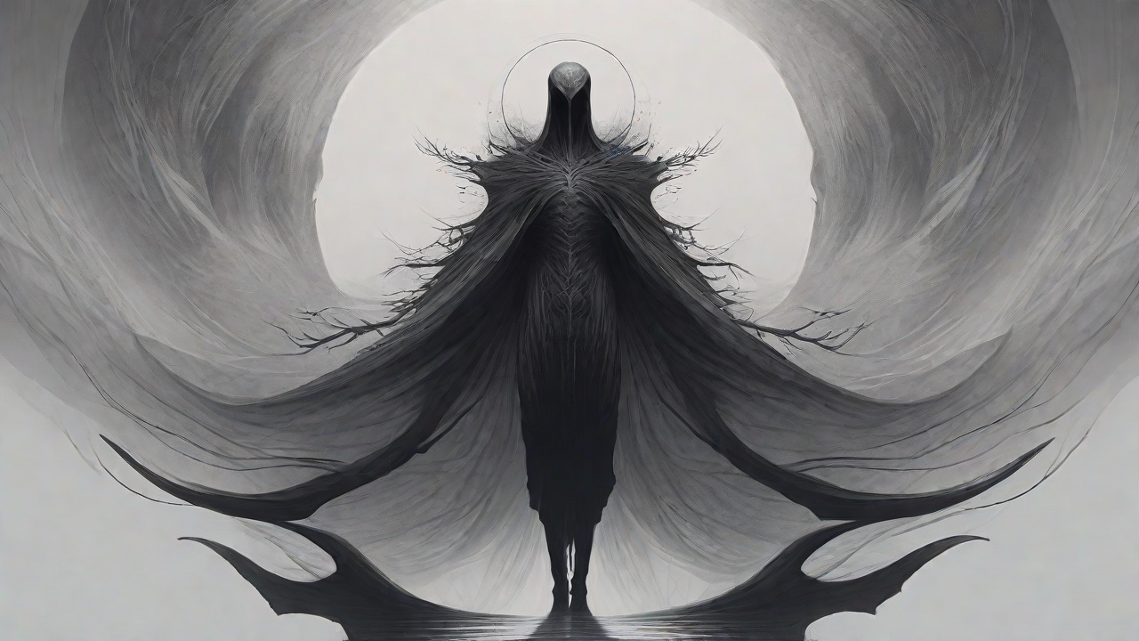 As the void's abyssal silence envelops them, a figure stands at the edge, their footsteps echoing through the void, guided by an unseen power that pushes them towards an otherworldly realm, where eternal rebirth awaits.