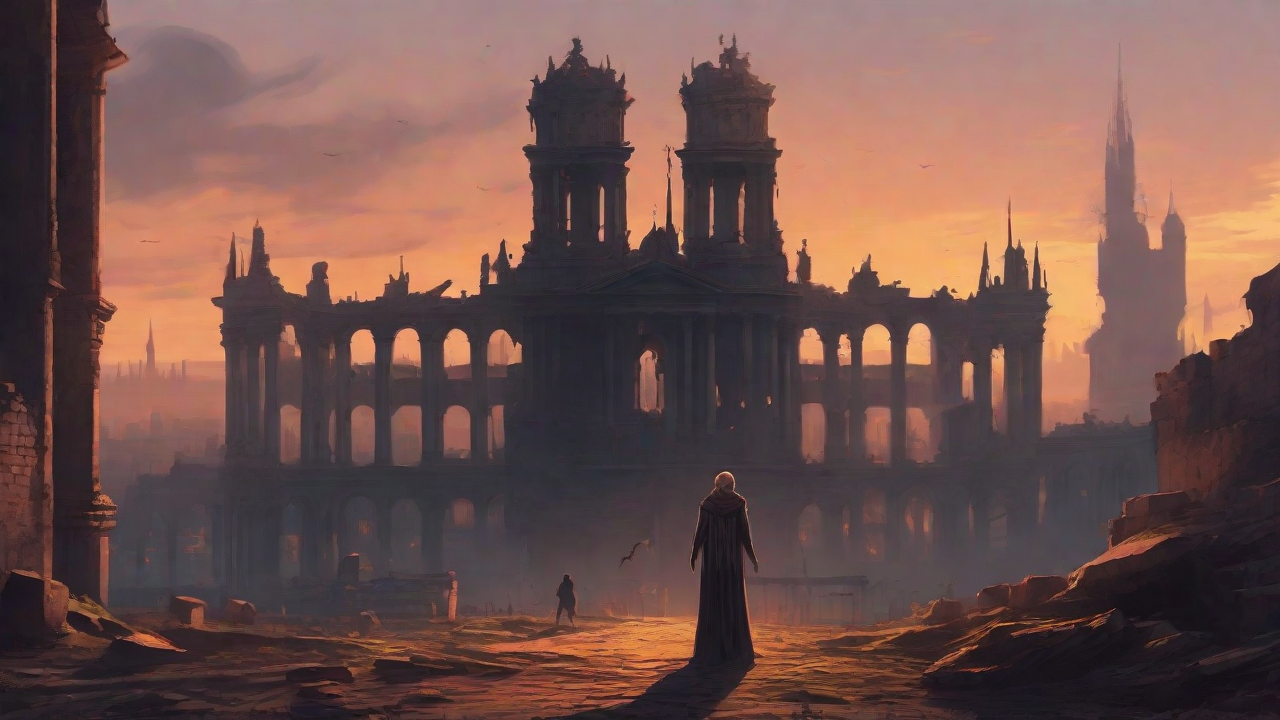 A hauntingly beautiful, ruined cityscape, with crumbling spires and grand architecture, set against a backdrop of a perpetual, golden sunset, with a lone figure dancing amidst the ruins.