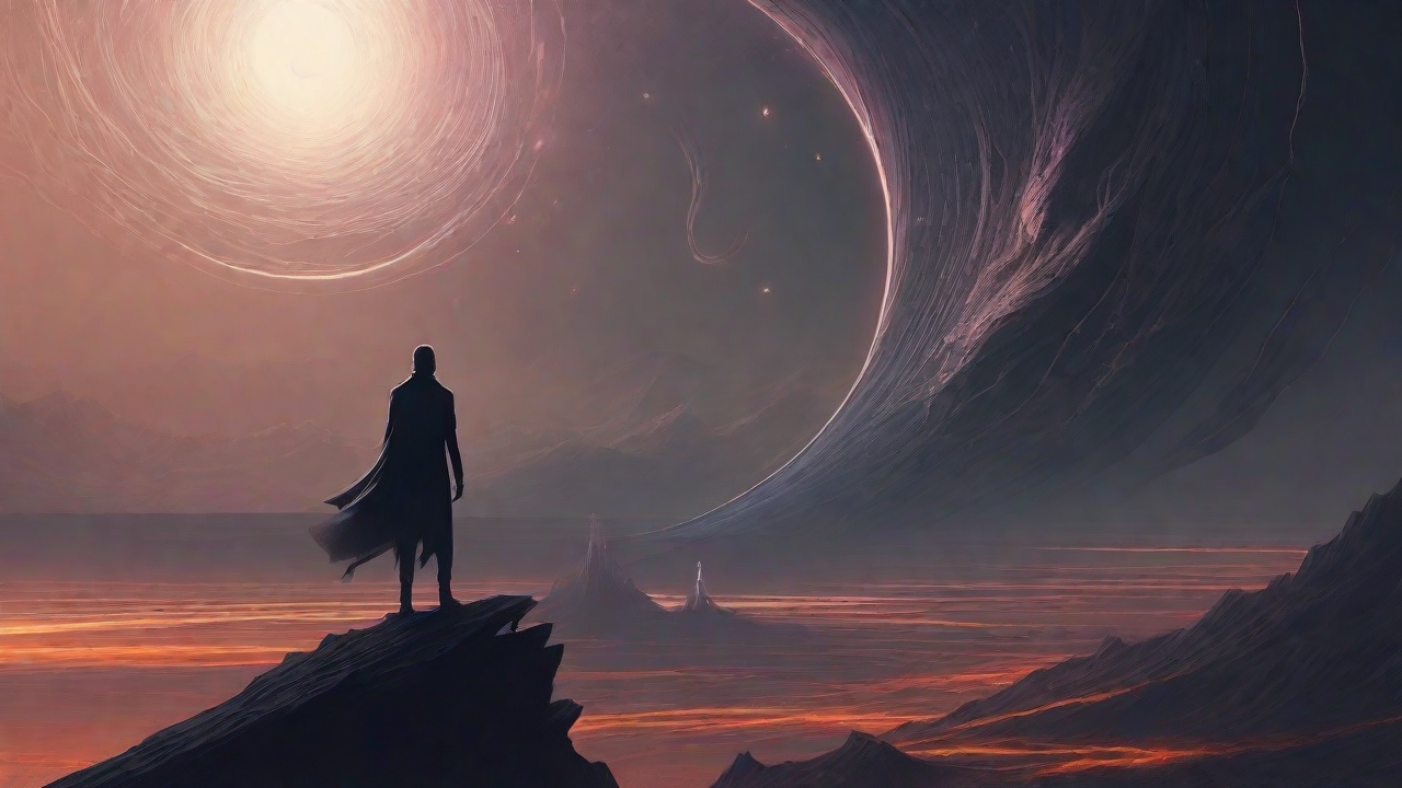 In the depths of a swirling void, a lone figure stands at the precipice, illuminated only by the faint glow of a dying star, as they embark on a perilous journey through the abyss towards an unknown destination.