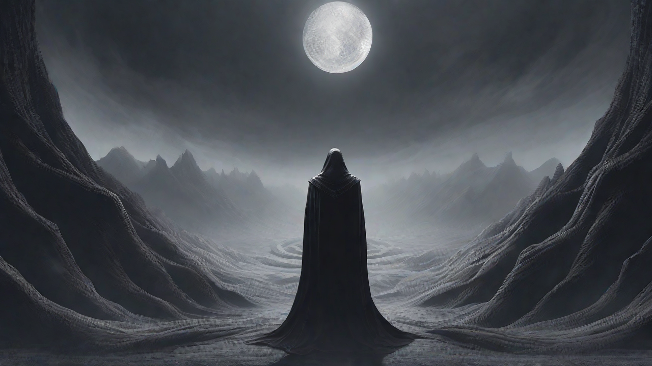As the void's abyssal silence envelops them, a figure stands at the edge, their footsteps echoing through the void, guided by an unseen power that pushes them towards an otherworldly realm, where eternal rebirth awaits.