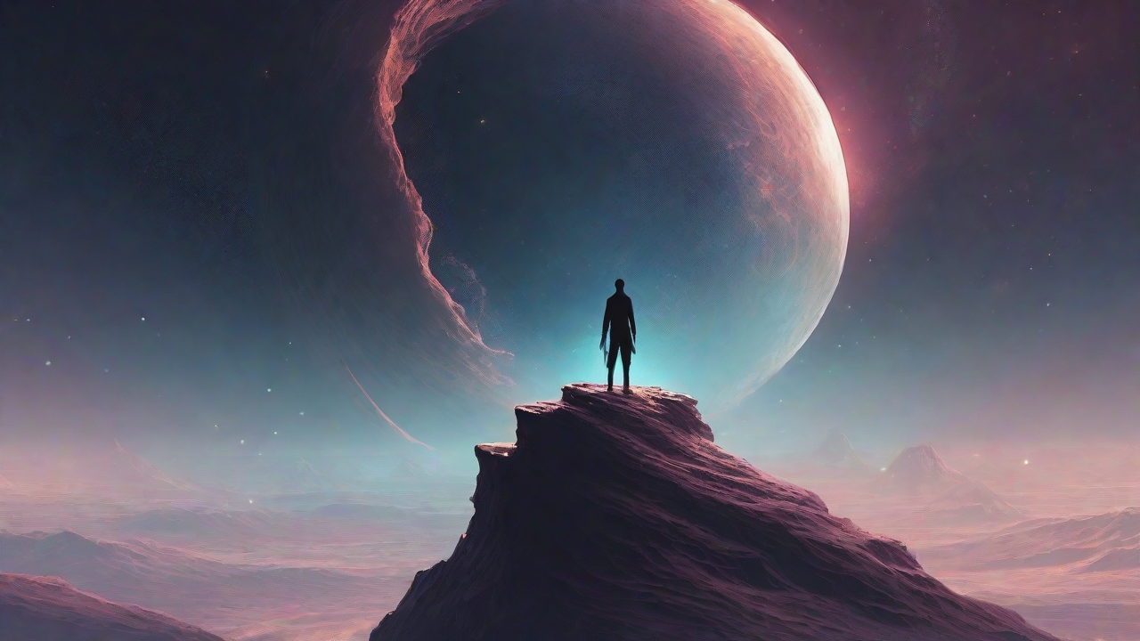 In the depths of a swirling void, a lone figure stands at the precipice, illuminated only by the faint glow of a dying star, as they embark on a perilous journey through the abyss towards an unknown destination.