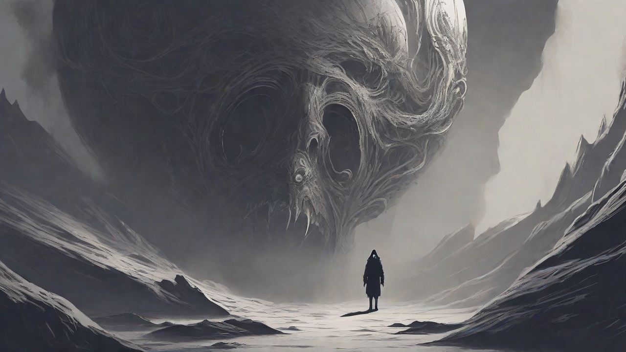 Guided by the void's dark whispers, a lone traveler ventures into the abyss, navigating through a realm of eternal darkness, guided by an unknown force that seeks rebirth and liberation from the void's grasp.