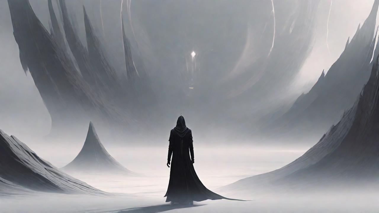 As the void's abyssal silence envelops them, a figure stands at the edge, their footsteps echoing through the void, guided by an unseen power that pushes them towards an otherworldly realm, where eternal rebirth awaits.