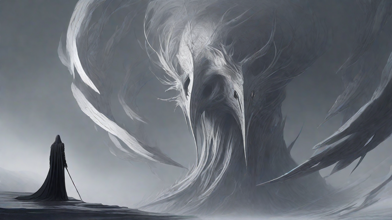 As the void's abyssal silence envelops them, a figure stands at the edge, their footsteps echoing through the void, guided by an unseen power that pushes them towards an otherworldly realm, where eternal rebirth awaits.