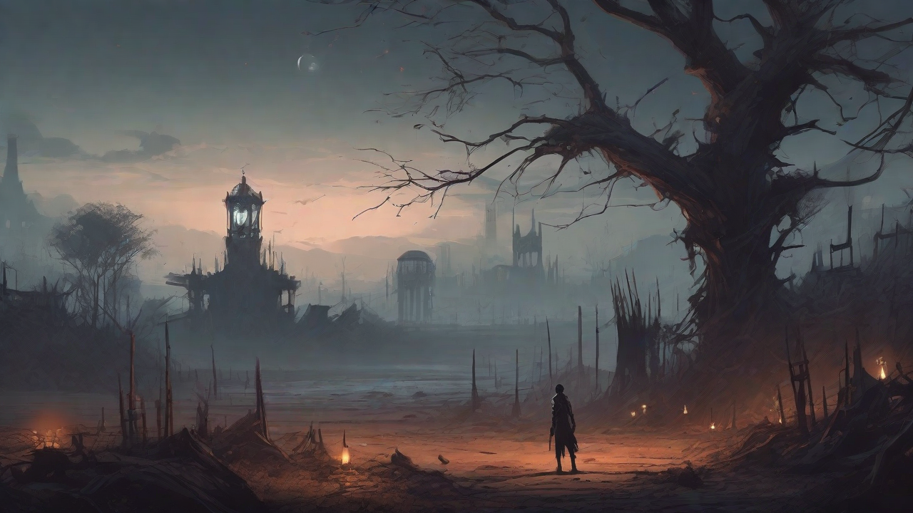 A barren, post-apocalyptic landscape with skeletal ruins, overgrown gardens, and a lone figure standing amidst the desolation, surrounded by flickering lanterns and a distant hint of a broken clock tower.