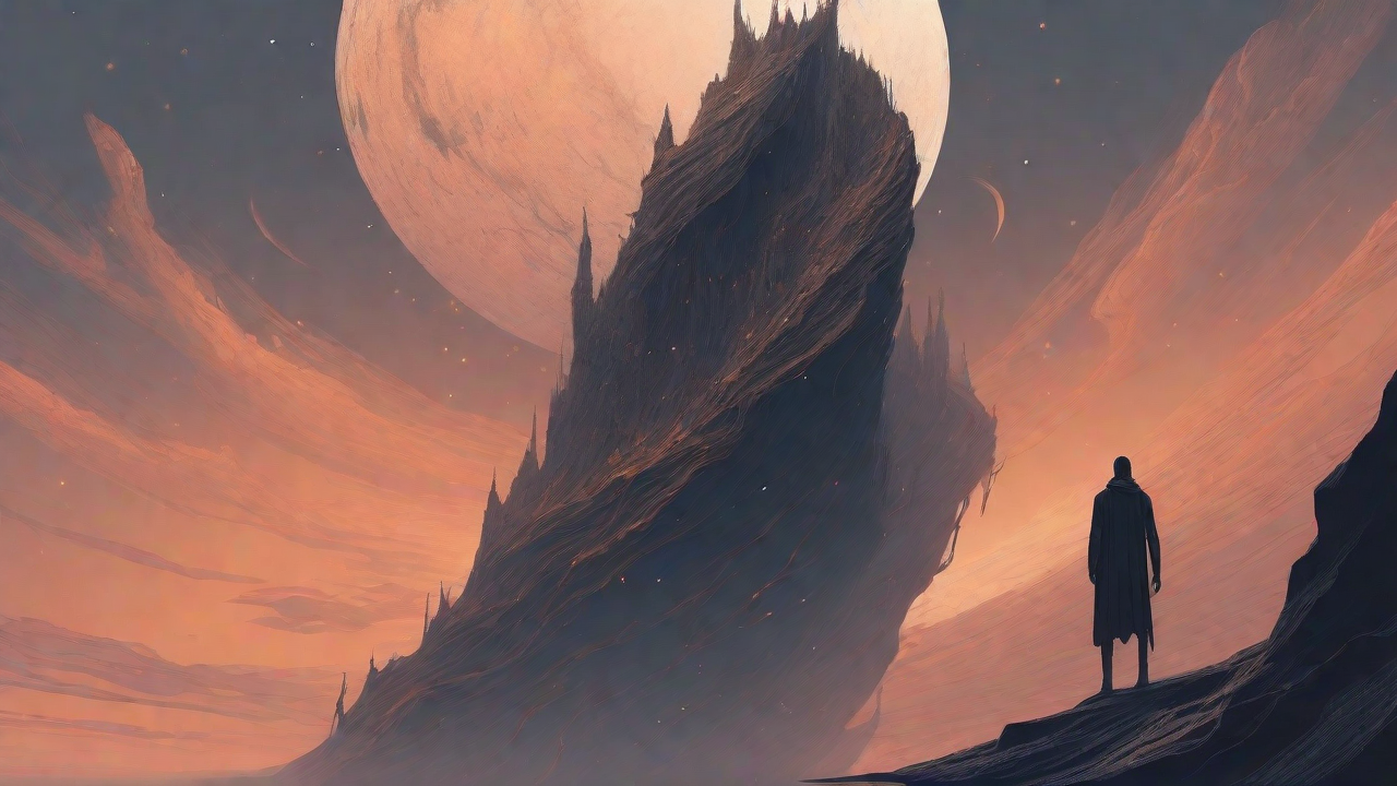 In the depths of a swirling void, a lone figure stands at the precipice, illuminated only by the faint glow of a dying star, as they embark on a perilous journey through the abyss towards an unknown destination.