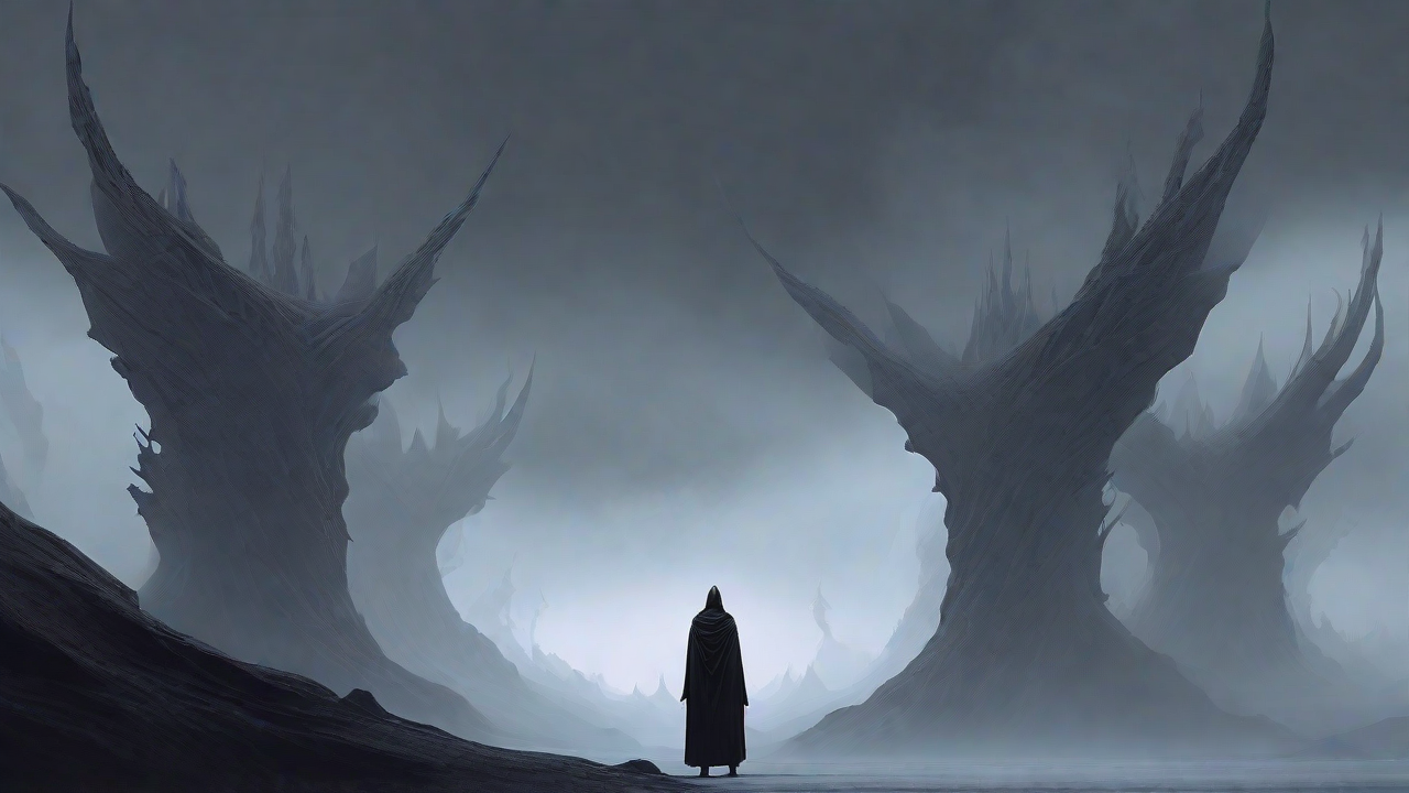 As the void's abyssal silence envelops them, a figure stands at the edge, their footsteps echoing through the void, guided by an unseen power that pushes them towards an otherworldly realm, where eternal rebirth awaits.