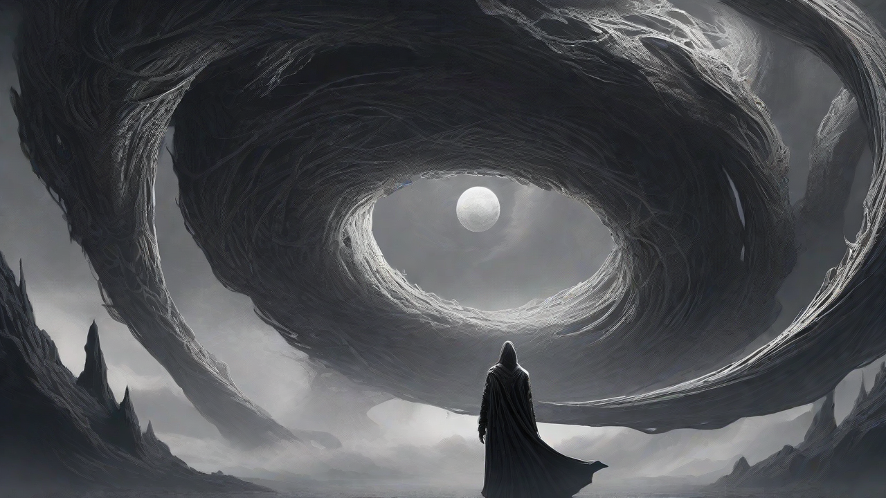 Guided by the void's dark whispers, a lone traveler ventures into the abyss, navigating through a realm of eternal darkness, guided by an unknown force that seeks rebirth and liberation from the void's grasp.