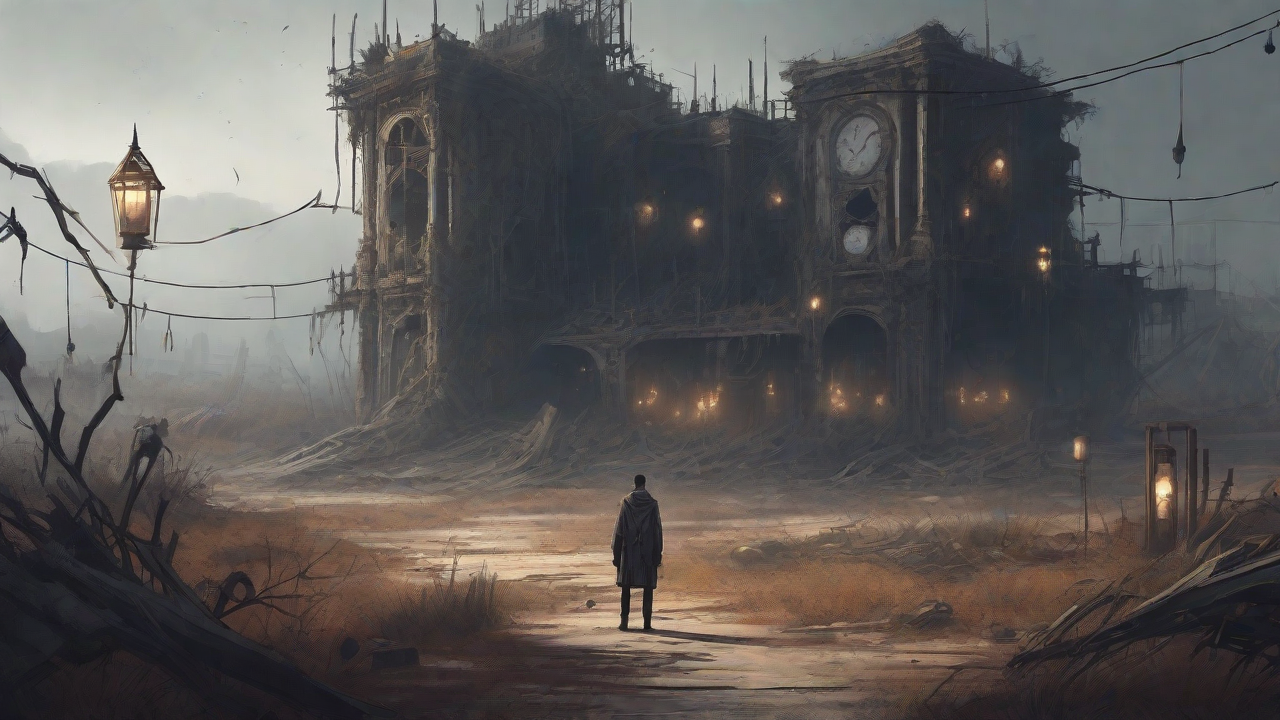 A barren, post-apocalyptic landscape with skeletal ruins, overgrown gardens, and a lone figure standing amidst the desolation, surrounded by flickering lanterns and a distant hint of a broken clock tower.