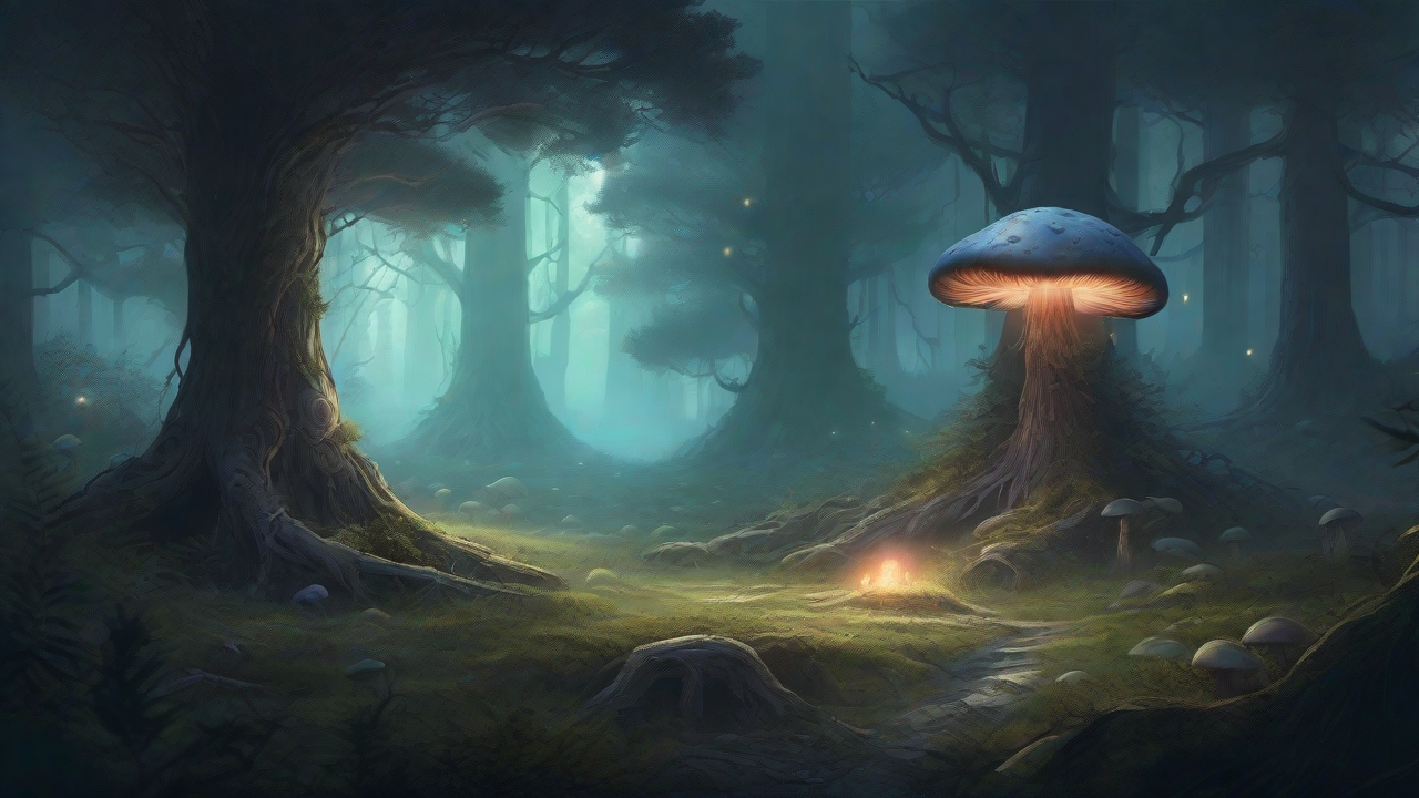 A bleak, mystical forest, where ancient trees loom over a clearing, surrounded by a ring of mushrooms, and a faint glow emanates from a lone, glowing artifact, pulsing with an otherworldly energy.