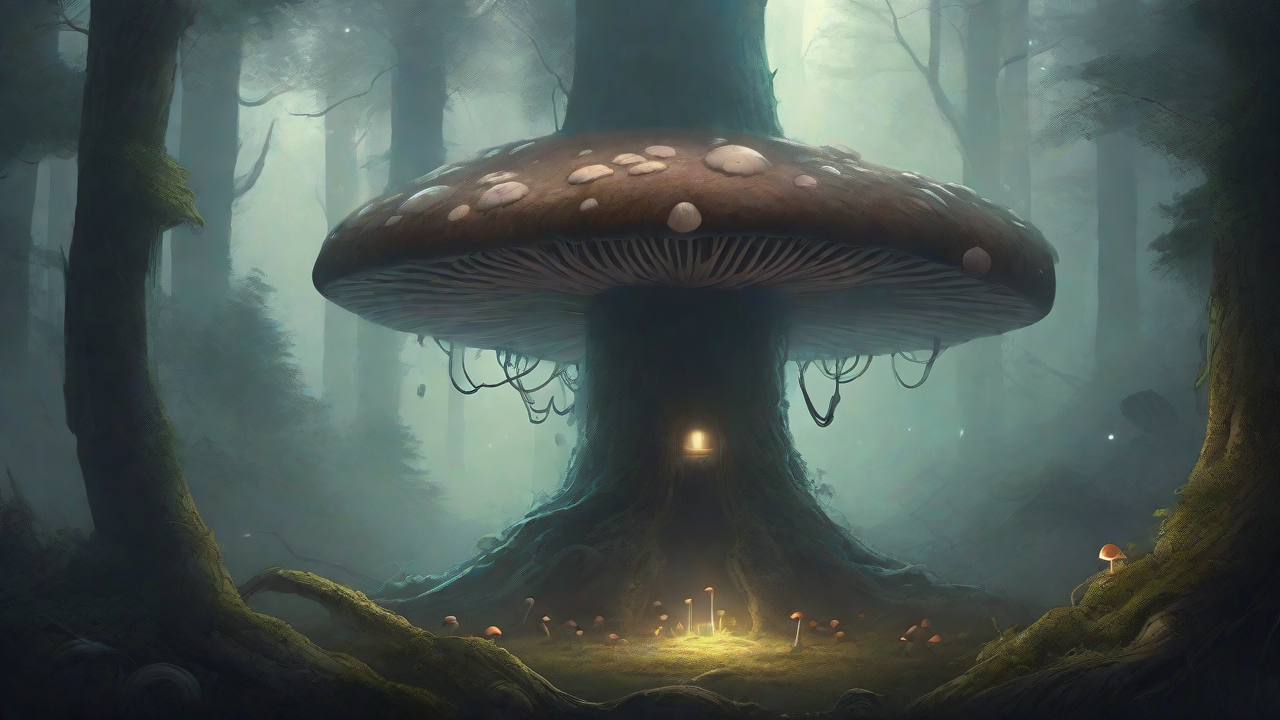 A bleak, mystical forest, where ancient trees loom over a clearing, surrounded by a ring of mushrooms, and a faint glow emanates from a lone, glowing artifact, pulsing with an otherworldly energy.