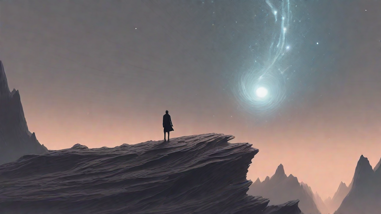 In the depths of a swirling void, a lone figure stands at the precipice, illuminated only by the faint glow of a dying star, as they embark on a perilous journey through the abyss towards an unknown destination.