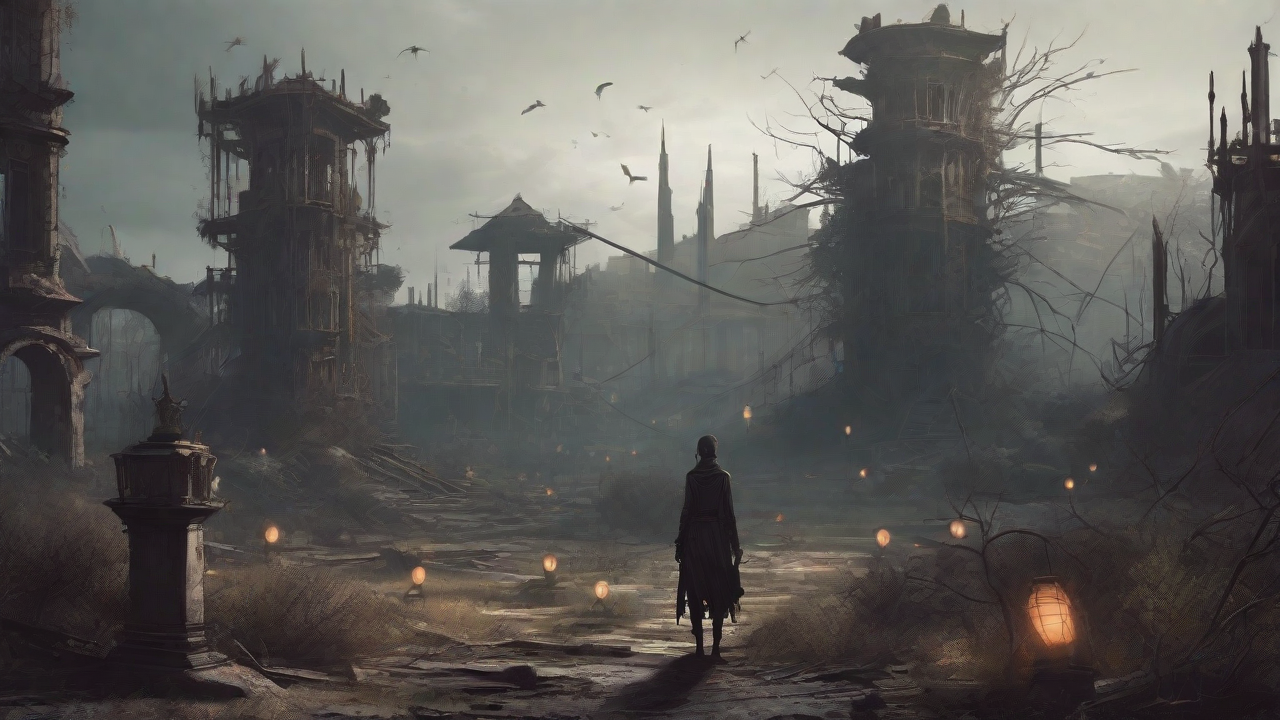 A barren, post-apocalyptic landscape with skeletal ruins, overgrown gardens, and a lone figure standing amidst the desolation, surrounded by flickering lanterns and a distant hint of a broken clock tower.