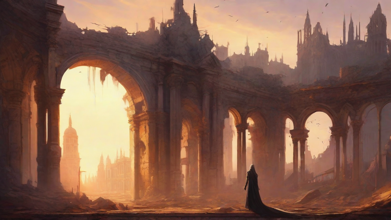 A hauntingly beautiful, ruined cityscape, with crumbling spires and grand architecture, set against a backdrop of a perpetual, golden sunset, with a lone figure dancing amidst the ruins.