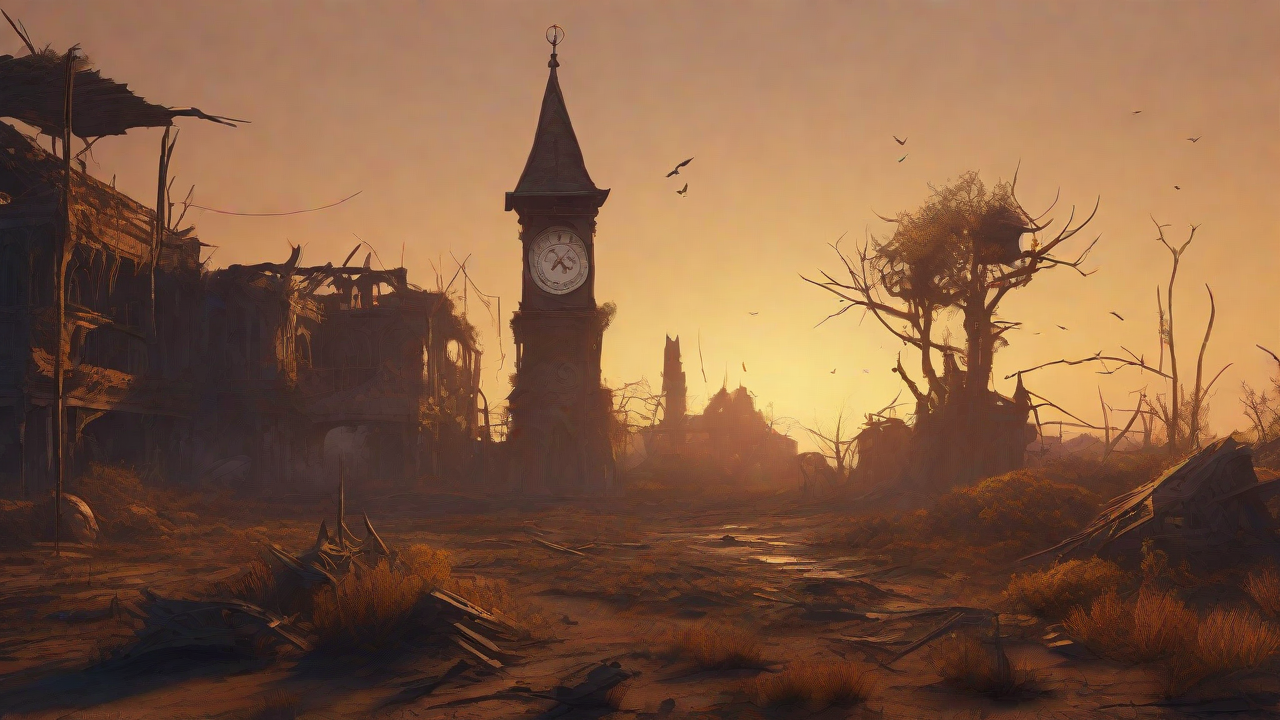 Barren wasteland, skeletal ruins, overgrown gardens, lone figure, flickering lanterns, and a broken clock tower in the distance, set against a perpetual golden sunset.