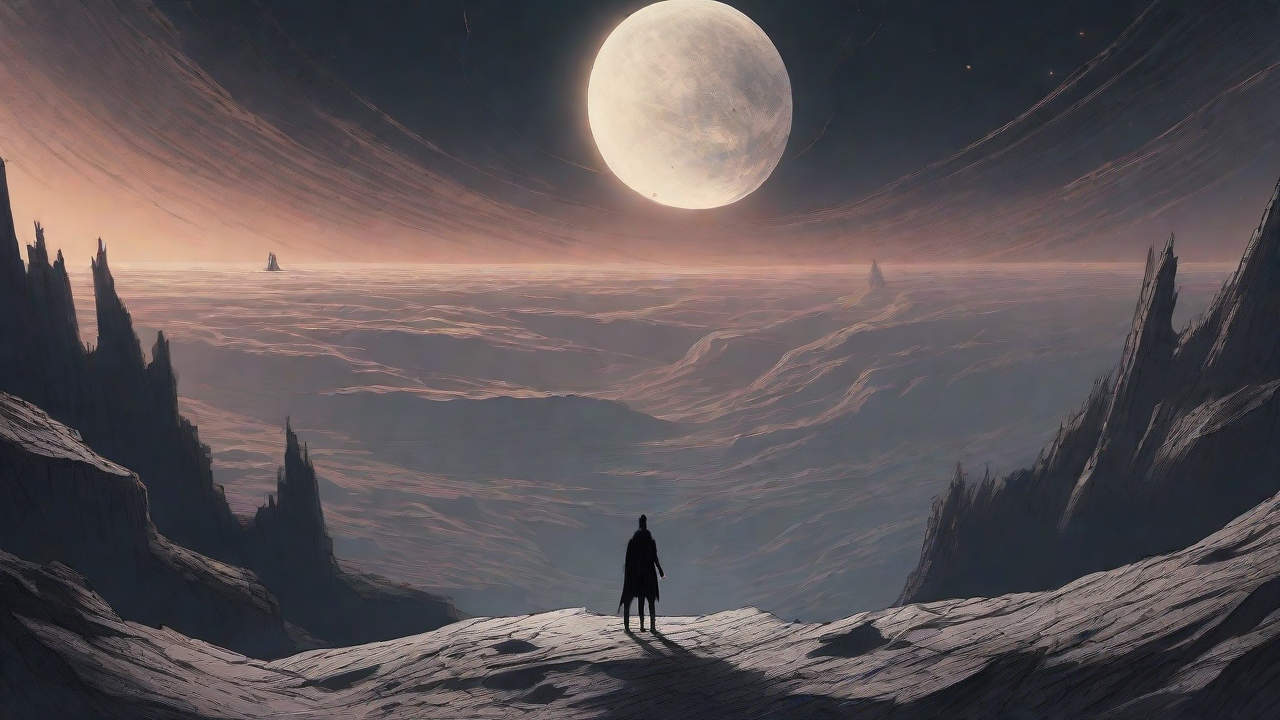 In a swirling void, a lone figure stands on the abyssal precipice, illuminated by the dying star, as they embark on a perilous journey through eternal darkness towards an unknown and mysterious destination.