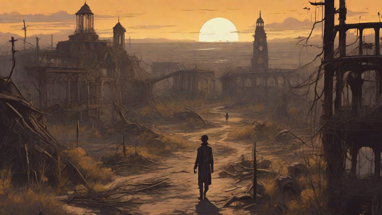 Barren wasteland, skeletal ruins, overgrown gardens, lone figure, flickering lanterns, and a broken clock tower in the distance, set against a perpetual golden sunset.