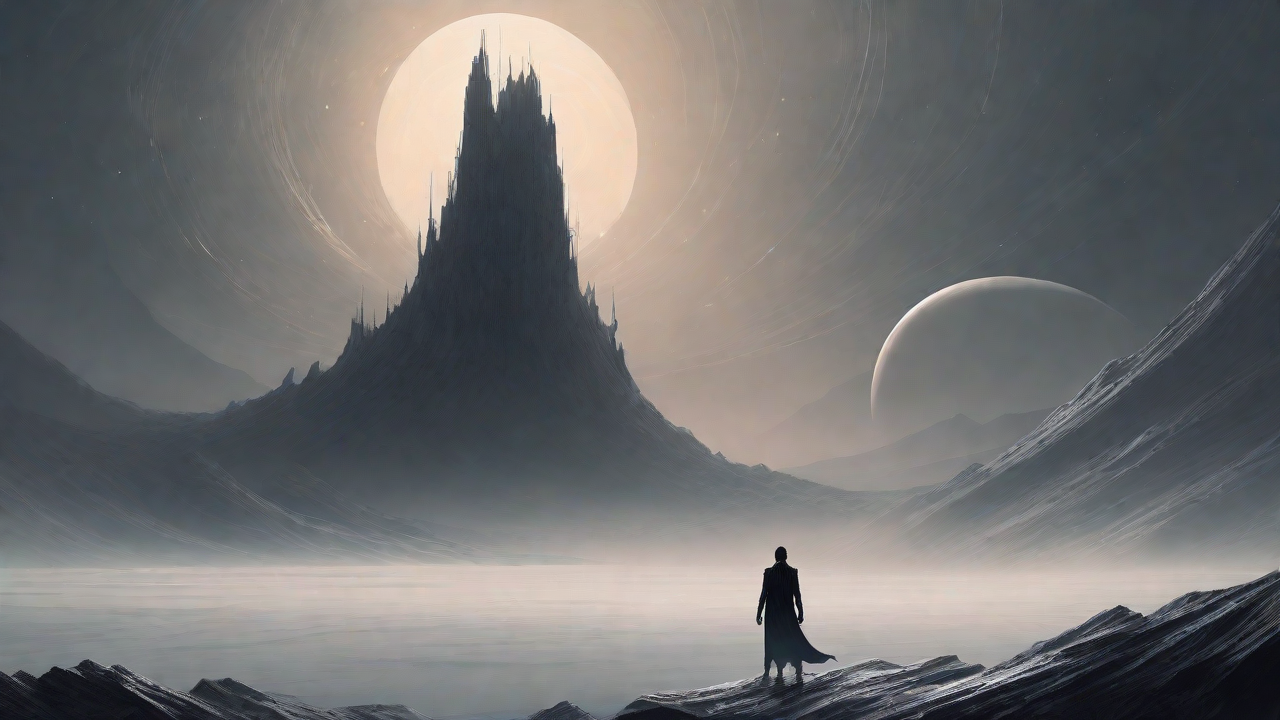 In a swirling void, a lone figure stands on the abyssal precipice, illuminated by the dying star, as they embark on a perilous journey through eternal darkness towards an unknown and mysterious destination.