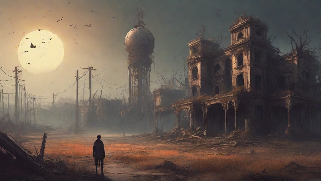 A barren, post-apocalyptic landscape with skeletal ruins, overgrown gardens, and a lone figure standing amidst the desolation, surrounded by flickering lanterns and a distant hint of a broken clock tower.