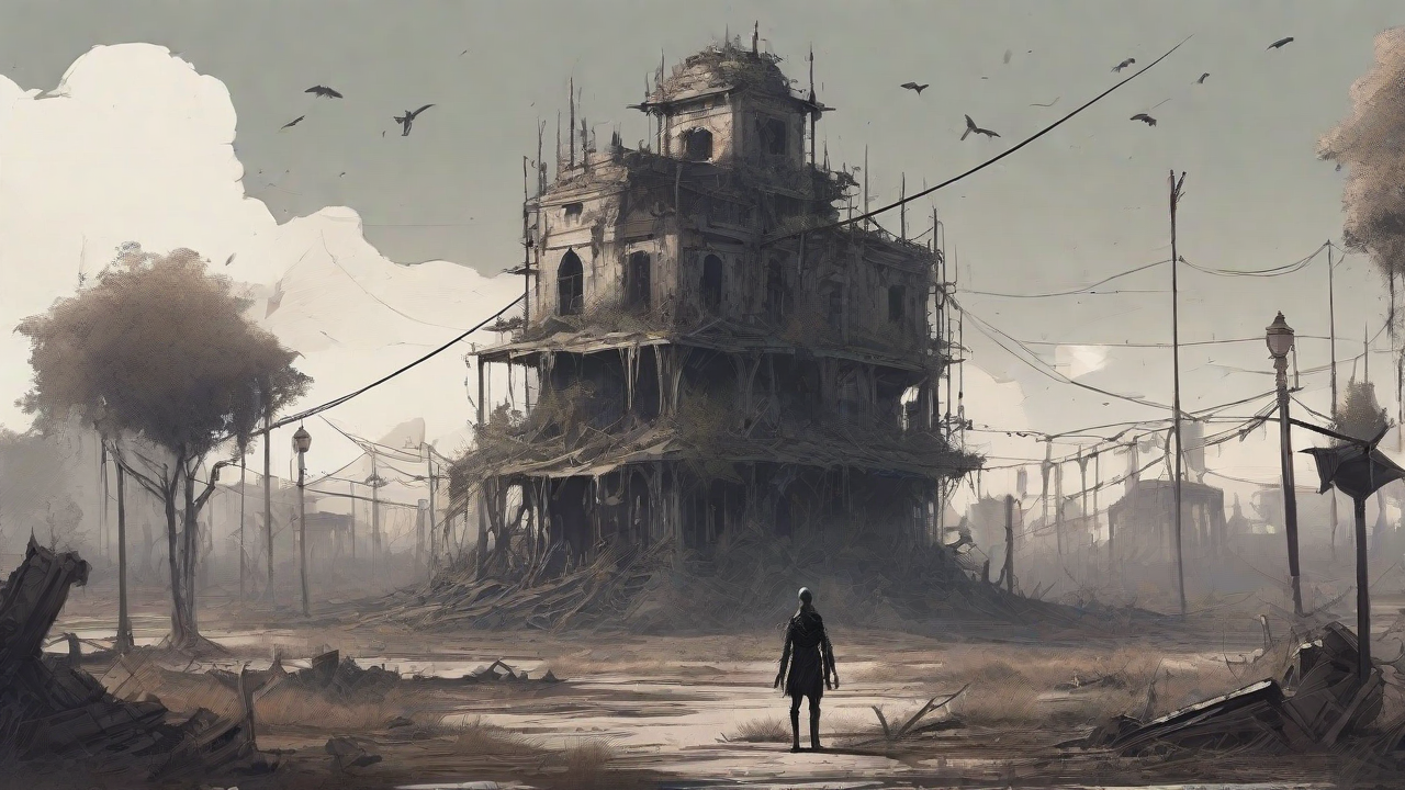 A barren, post-apocalyptic landscape with skeletal ruins, overgrown gardens, and a lone figure standing amidst the desolation, surrounded by flickering lanterns and a distant hint of a broken clock tower.