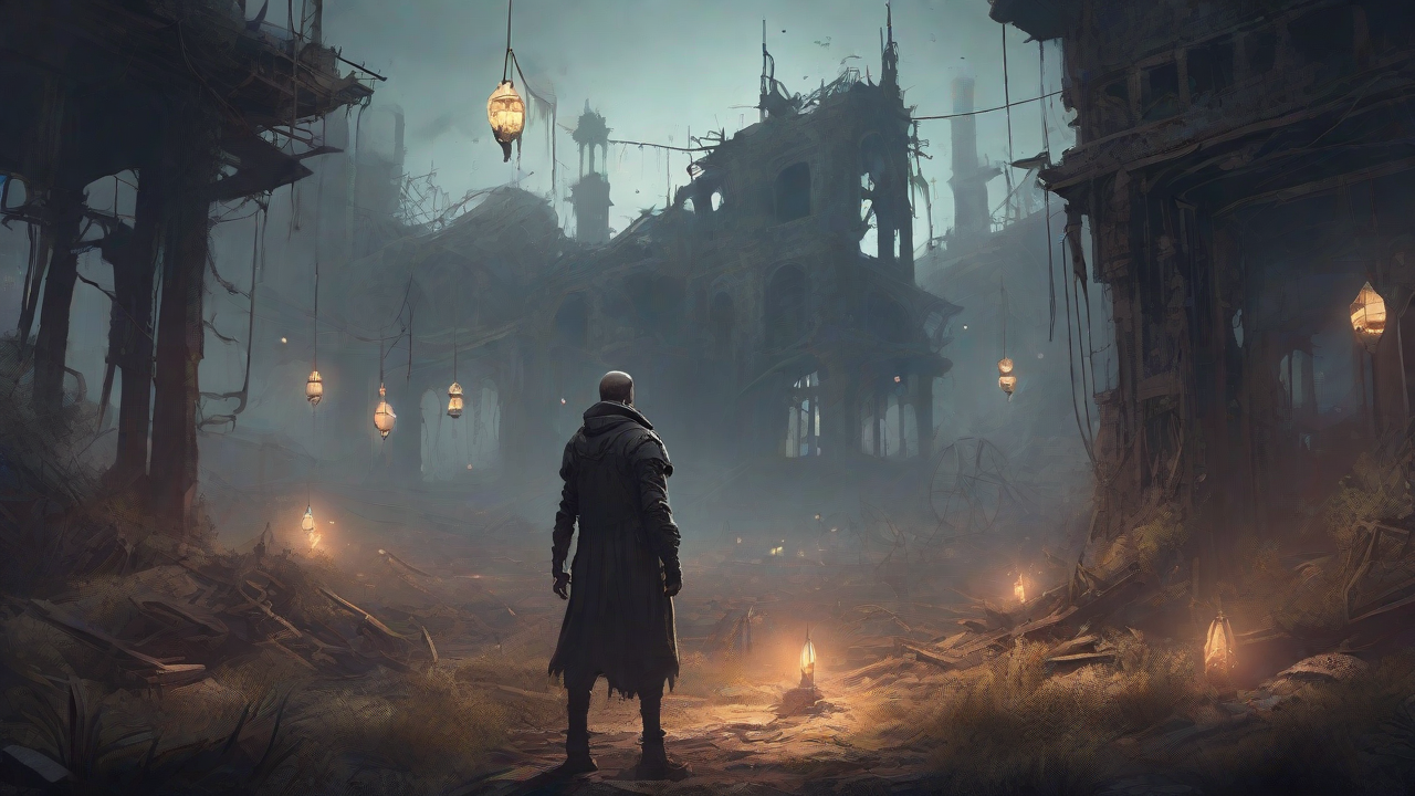 A barren, post-apocalyptic landscape with skeletal ruins, overgrown gardens, and a lone figure standing amidst the desolation, surrounded by flickering lanterns and a distant hint of a broken clock tower.