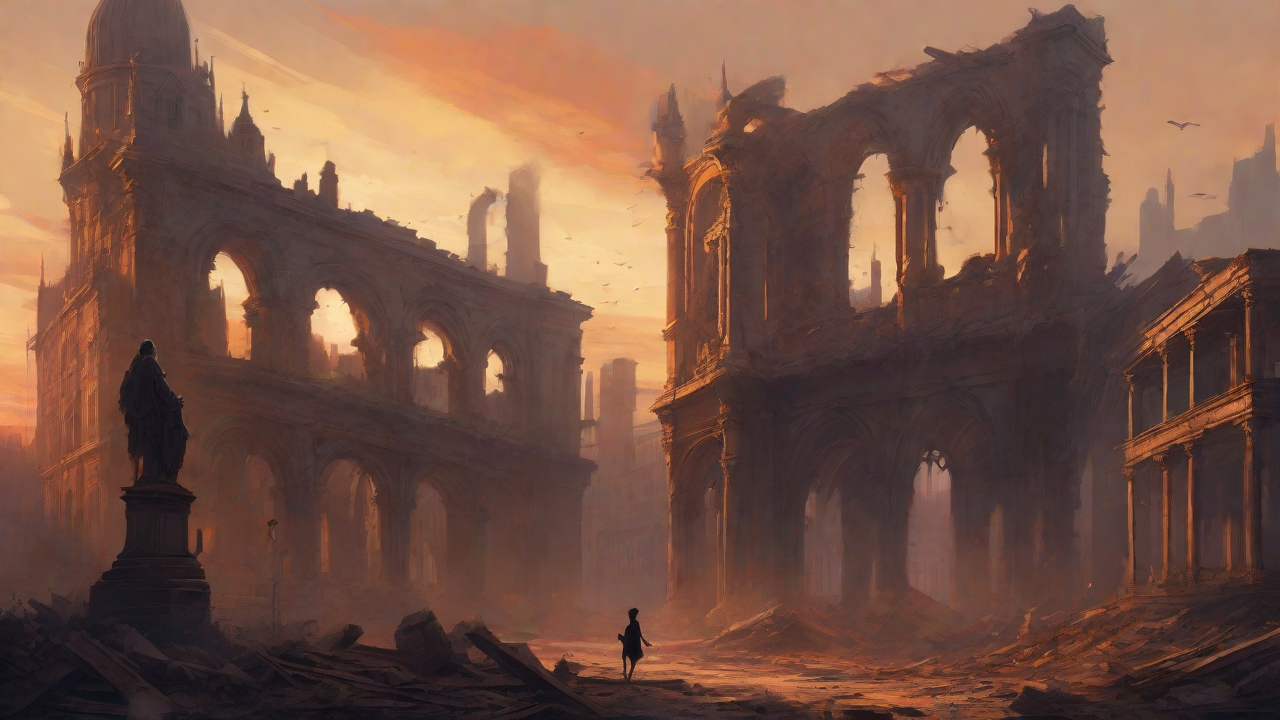 A hauntingly beautiful, ruined cityscape, with crumbling spires and grand architecture, set against a backdrop of a perpetual, golden sunset, with a lone figure dancing amidst the ruins.