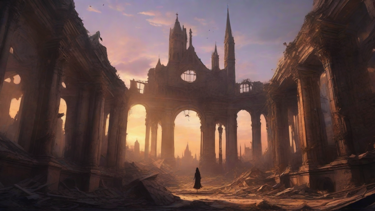 A hauntingly beautiful, ruined cityscape, with crumbling spires and grand architecture, set against a backdrop of a perpetual, golden sunset, with a lone figure dancing amidst the ruins.