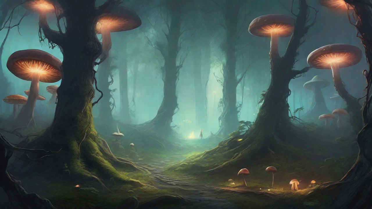 A bleak, mystical forest, where ancient trees loom over a clearing, surrounded by a ring of mushrooms, and a faint glow emanates from a lone, glowing artifact, pulsing with an otherworldly energy.