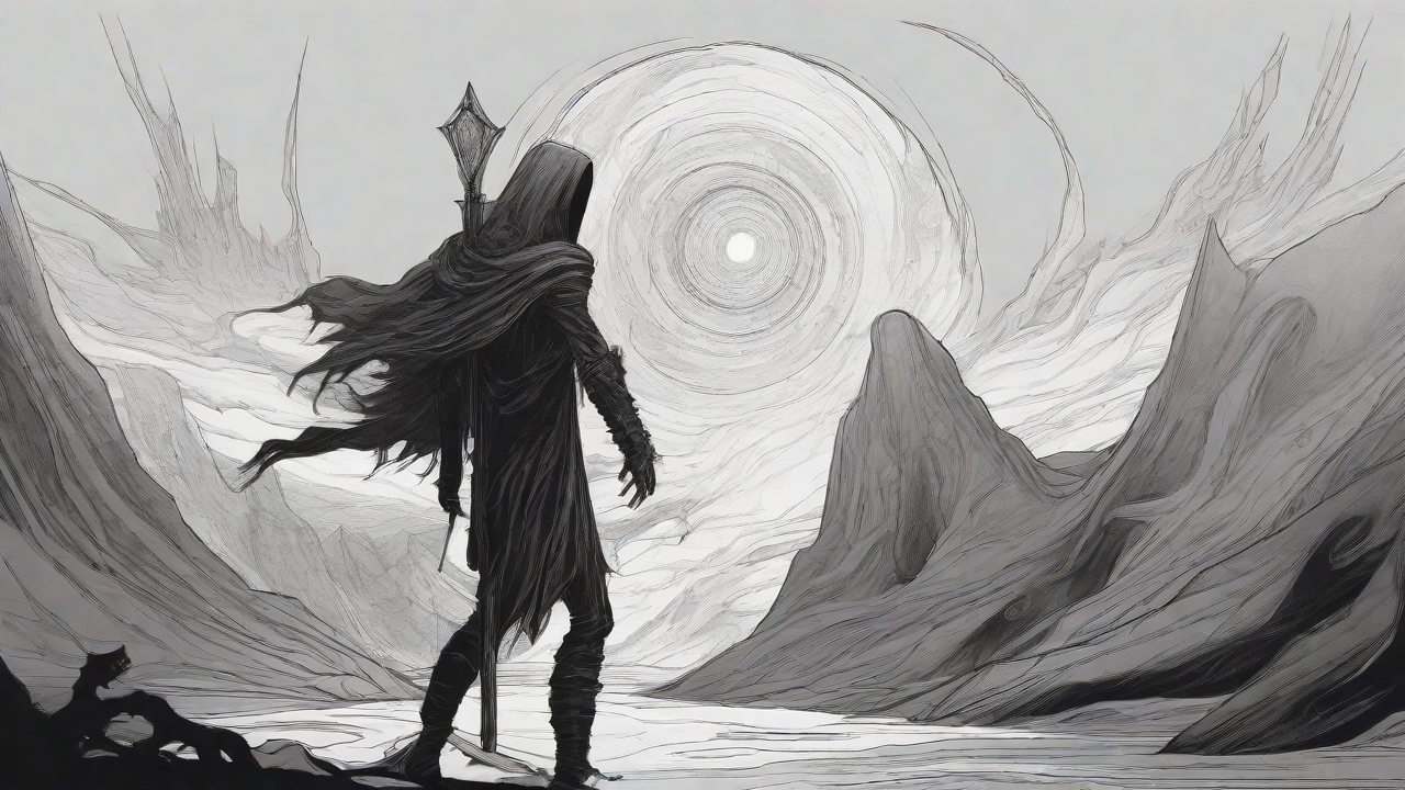 Guided by the void's dark whispers, a lone traveler ventures into the abyss, navigating through a realm of eternal darkness, guided by an unknown force that seeks rebirth and liberation from the void's grasp.