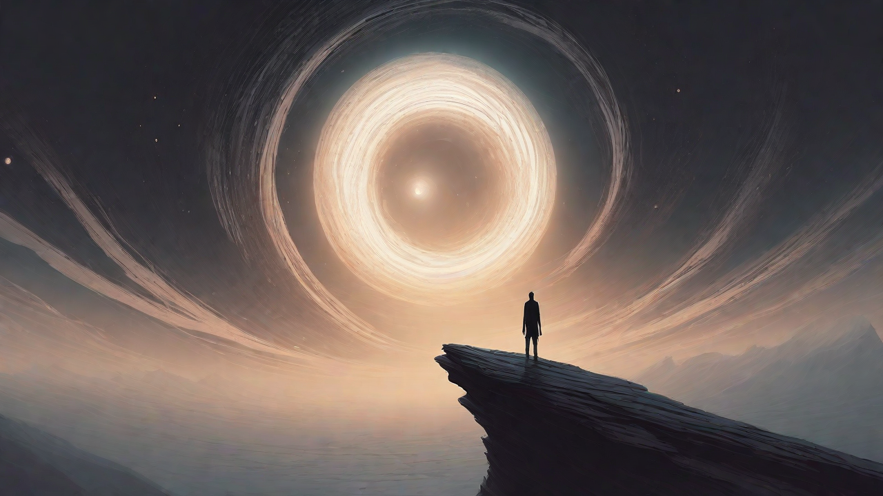 In the depths of a swirling void, a lone figure stands at the precipice, illuminated only by the faint glow of a dying star, as they embark on a perilous journey through the abyss towards an unknown destination.