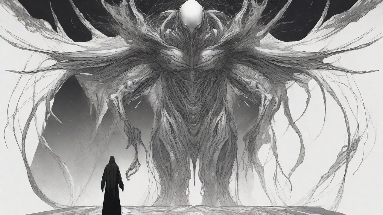 As the void's abyssal silence envelops them, a figure stands at the edge, their footsteps echoing through the void, guided by an unseen power that pushes them towards an otherworldly realm, where eternal rebirth awaits.