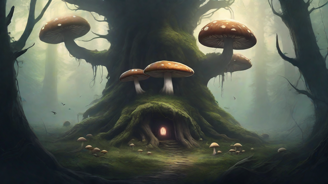 A bleak, mystical forest, where ancient trees loom over a clearing, surrounded by a ring of mushrooms, and a faint glow emanates from a lone, glowing artifact, pulsing with an otherworldly energy.