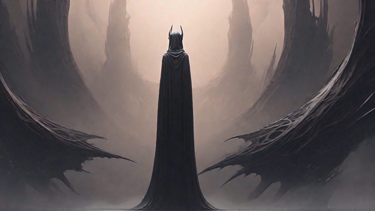 As the void's abyssal silence envelops them, a figure stands at the edge, their footsteps echoing through the void, guided by an unseen power that pushes them towards an otherworldly realm, where eternal rebirth awaits.