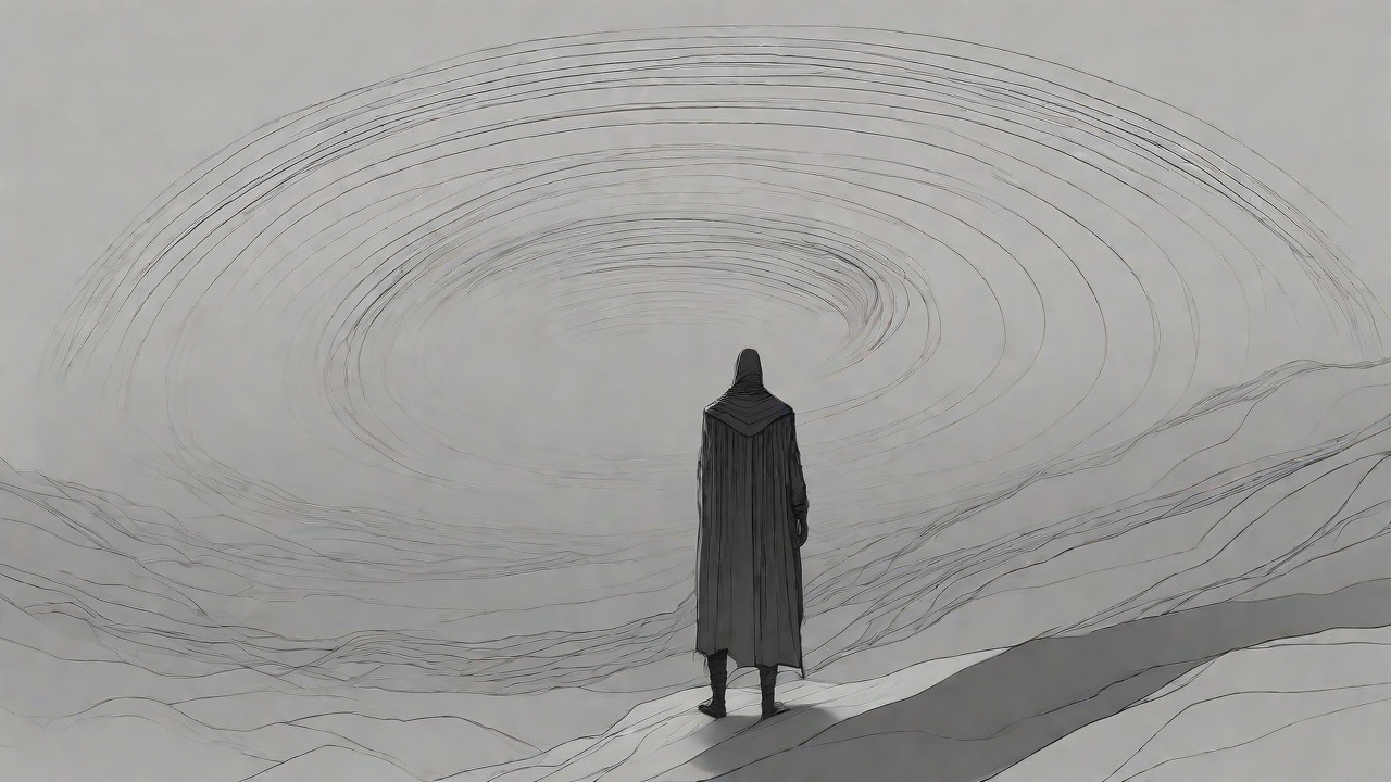 In a swirling void, a lone figure stands on the abyssal precipice, illuminated by the dying star, as they embark on a perilous journey through eternal darkness towards an unknown and mysterious destination.