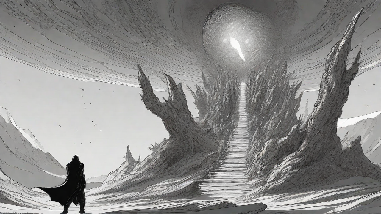 Guided by the void's dark whispers, a lone traveler ventures into the abyss, navigating through a realm of eternal darkness, guided by an unknown force that seeks rebirth and liberation from the void's grasp.