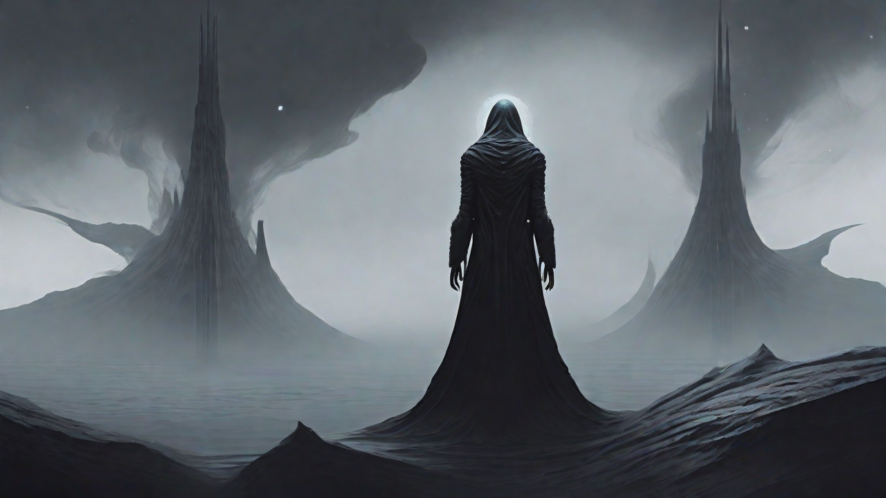 As the void's abyssal silence envelops them, a figure stands at the edge, their footsteps echoing through the void, guided by an unseen power that pushes them towards an otherworldly realm, where eternal rebirth awaits.