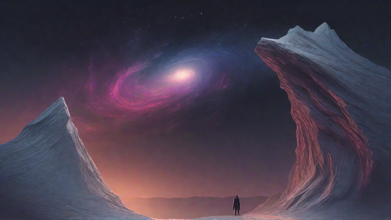 In the depths of a swirling void, a lone figure stands at the precipice, illuminated only by the faint glow of a dying star, as they embark on a perilous journey through the abyss towards an unknown destination.