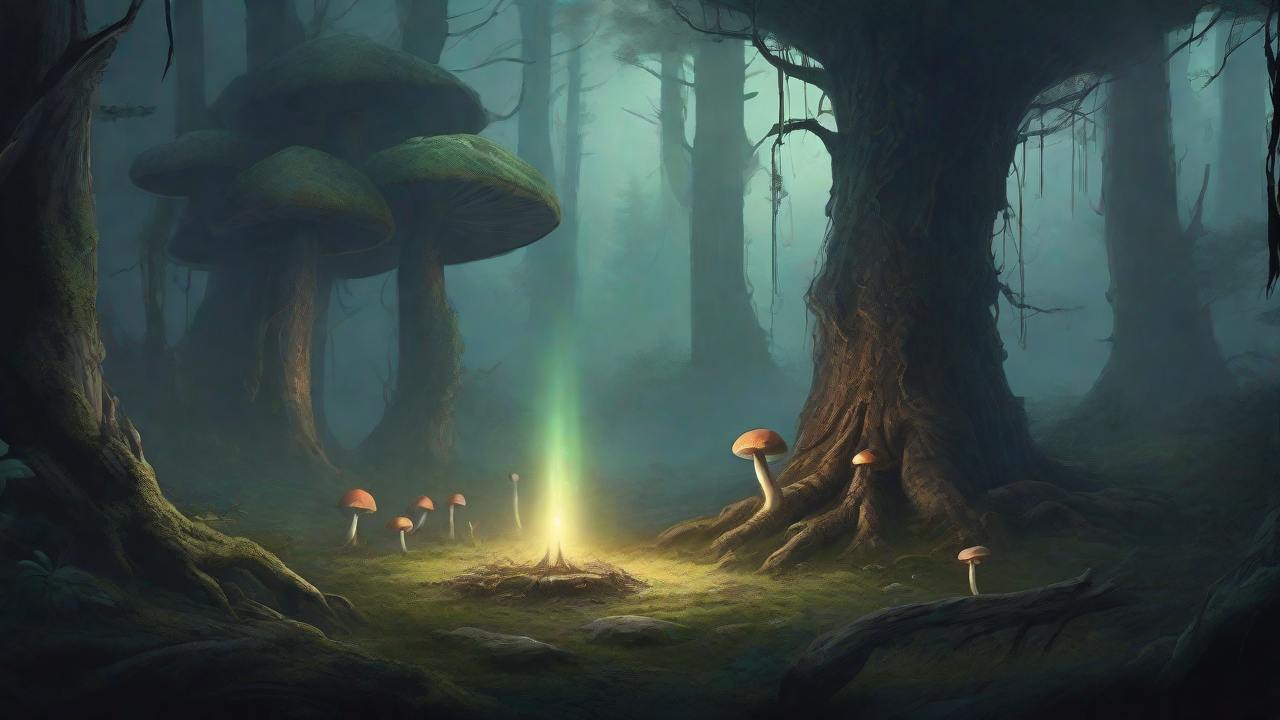 A bleak, mystical forest, where ancient trees loom over a clearing, surrounded by a ring of mushrooms, and a faint glow emanates from a lone, glowing artifact, pulsing with an otherworldly energy.